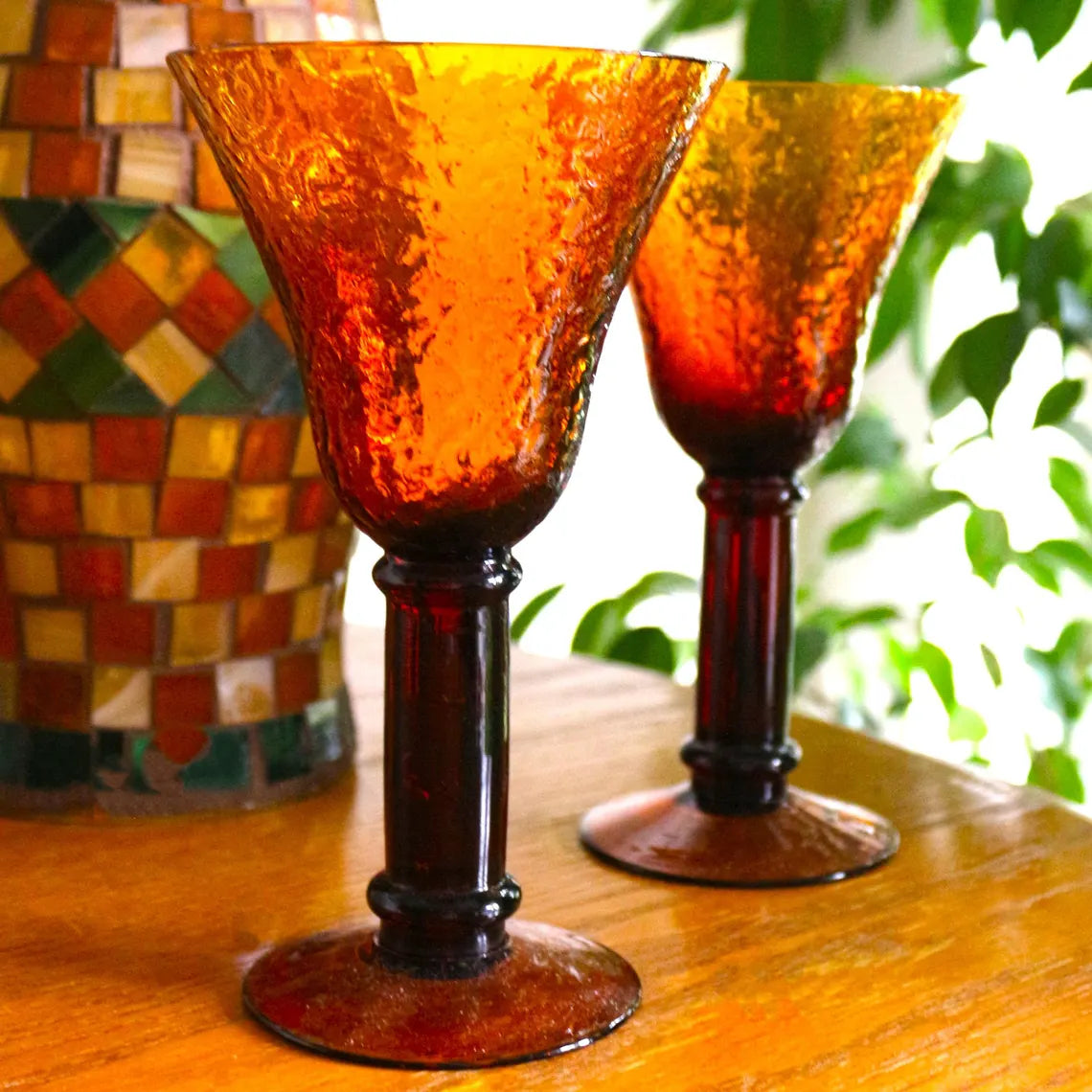 Hand Blown Amber Wine Goblets - Textured Golden Glassware Set of 2