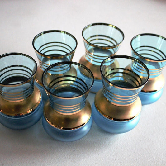 Vintage Italian Gold & Blue Cordials, Set of 6 Italian glasses, blue and gold vintage glassware, rare Italian glass, gold glass detail