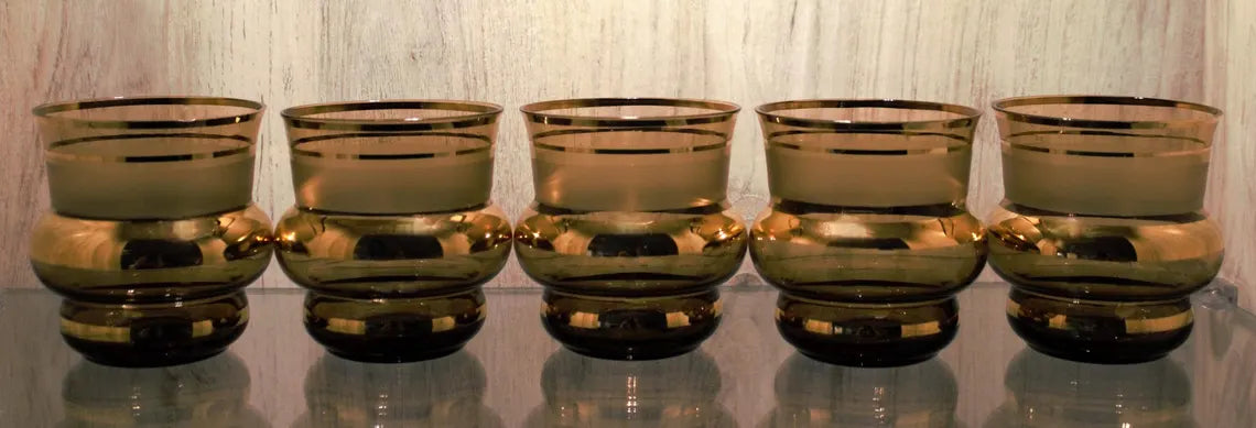 Vintage Italian Tumblers – Set of 5 Chocolate Brown Frosted Glasses with Gold Bands