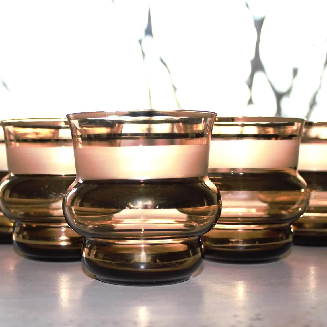 Vintage Italian Tumblers – Set of 5 Chocolate Brown Frosted Glasses with Gold Bands