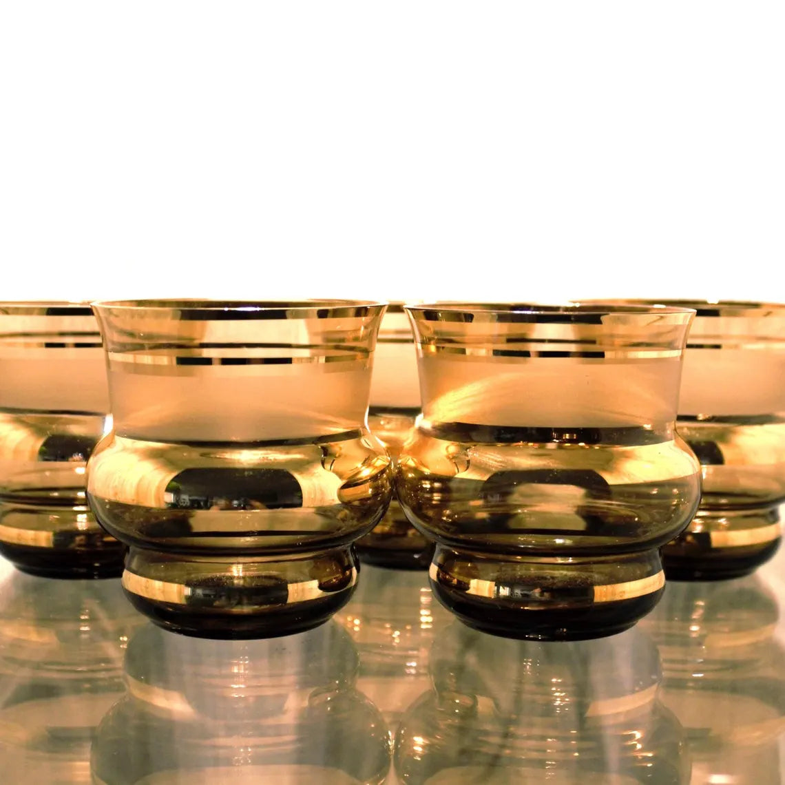 Vintage Italian Tumblers – Set of 5 Chocolate Brown Frosted Glasses with Gold Bands