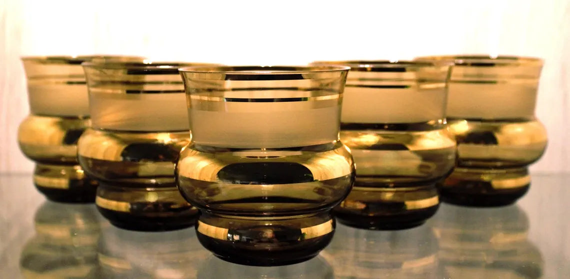 Vintage Italian Tumblers – Set of 5 Chocolate Brown Frosted Glasses with Gold Bands