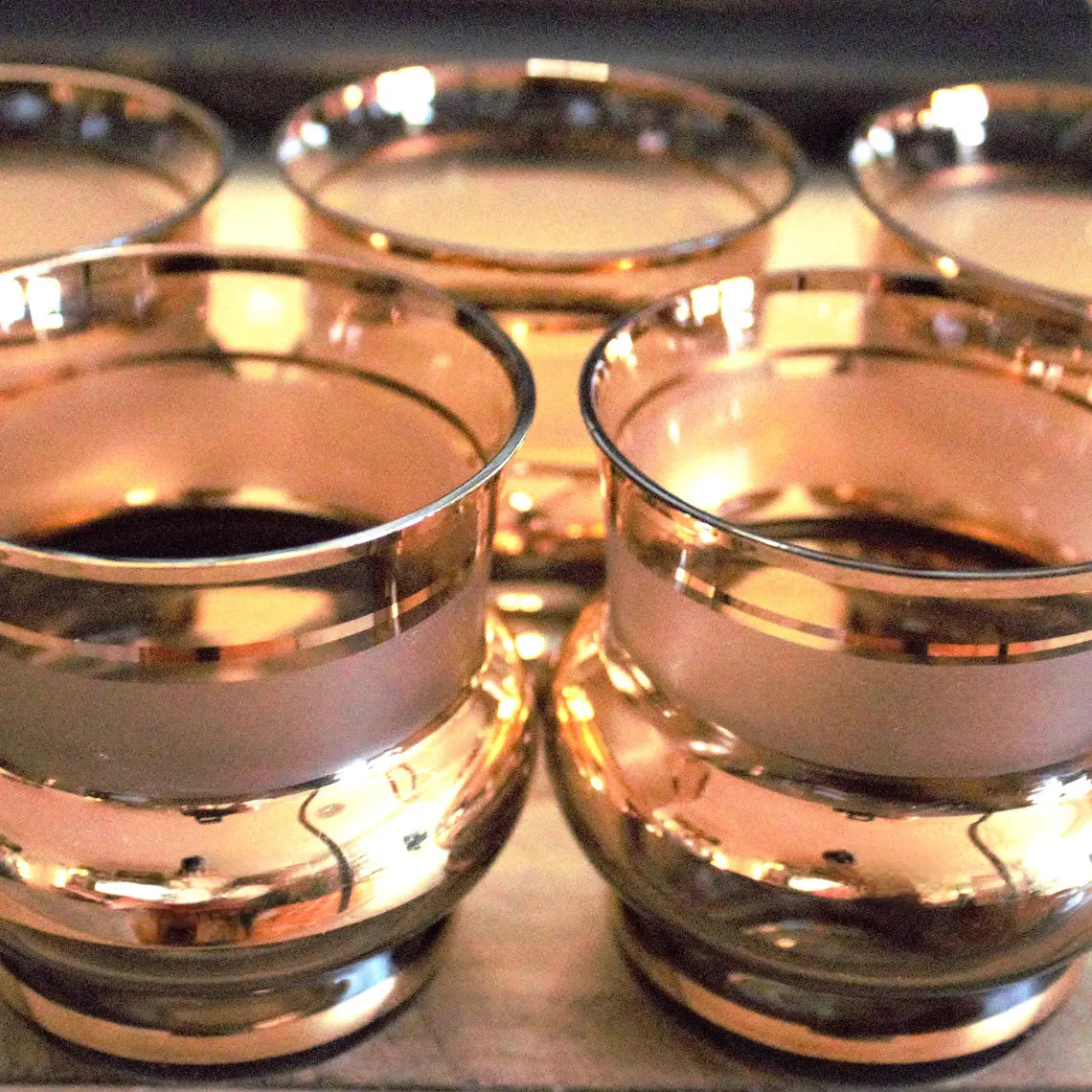 Vintage Italian Tumblers – Set of 5 Chocolate Brown Frosted Glasses with Gold Bands