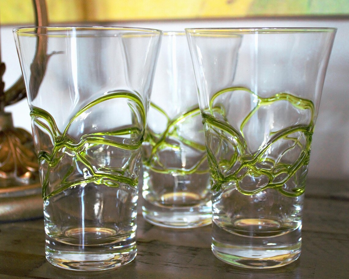 Crystal Clear Cocktail Glasses with Lime Green Swirl Detail — Hand-Blown Glassware, Set of 3