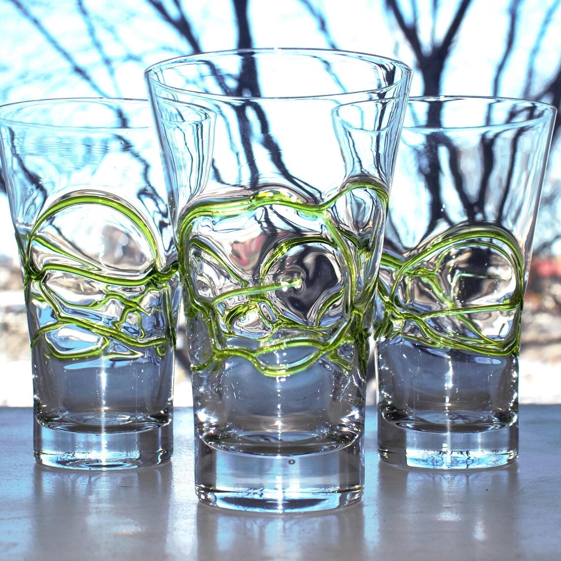 Crystal Clear Cocktail Glasses with Lime Green Swirl Detail — Hand-Blown Glassware, Set of 3