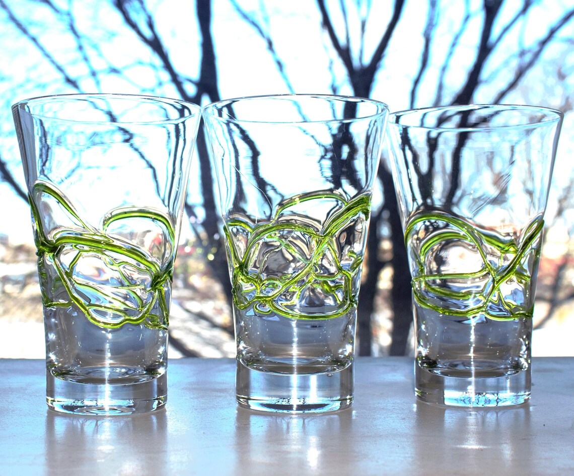 Crystal Clear Cocktail Glasses with Lime Green Swirl Detail — Hand-Blown Glassware, Set of 3