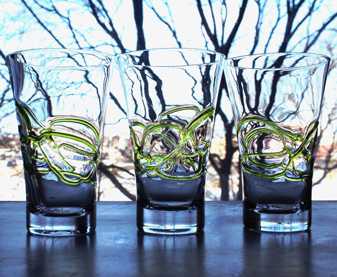 Crystal Clear Cocktail Glasses with Lime Green Swirl Detail — Hand-Blown Glassware, Set of 3