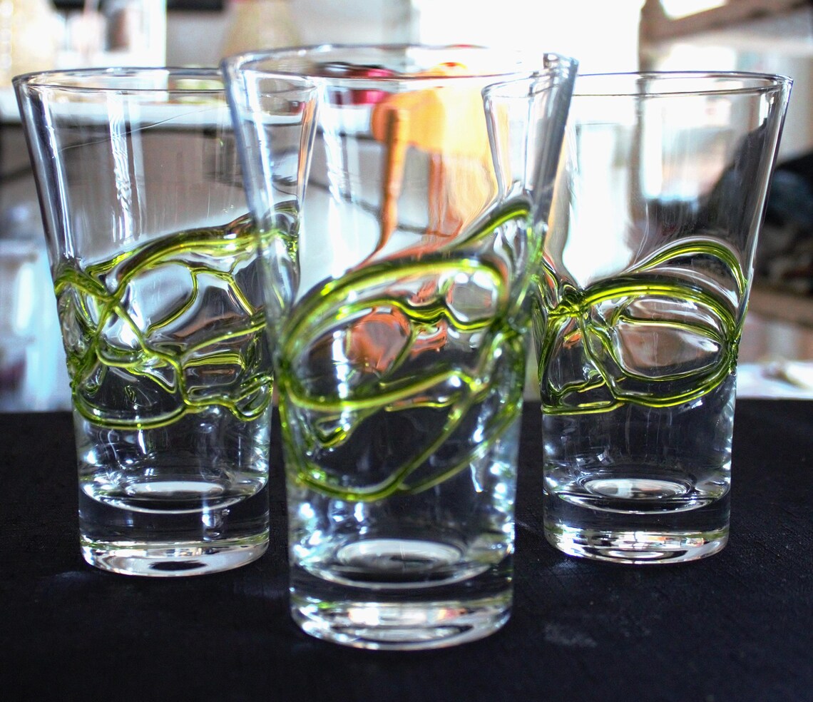 Crystal Clear Cocktail Glasses with Lime Green Swirl Detail — Hand-Blown Glassware, Set of 3