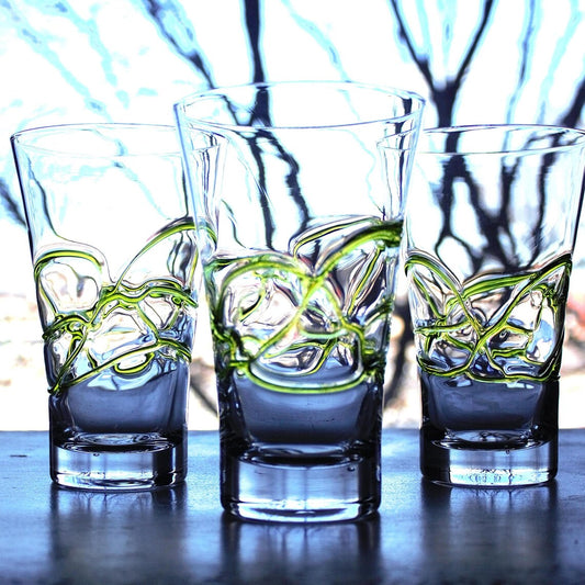 Crystal Clear Cocktail Glasses with Lime Green Swirl Detail — Hand-Blown Glassware, Set of 3