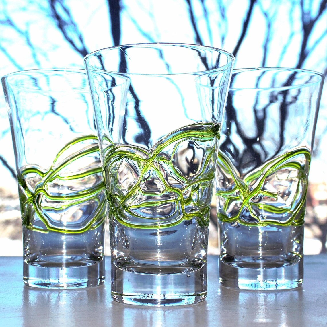 Crystal Clear Cocktail Glasses with Lime Green Swirl Detail — Hand-Blown Glassware, Set of 3