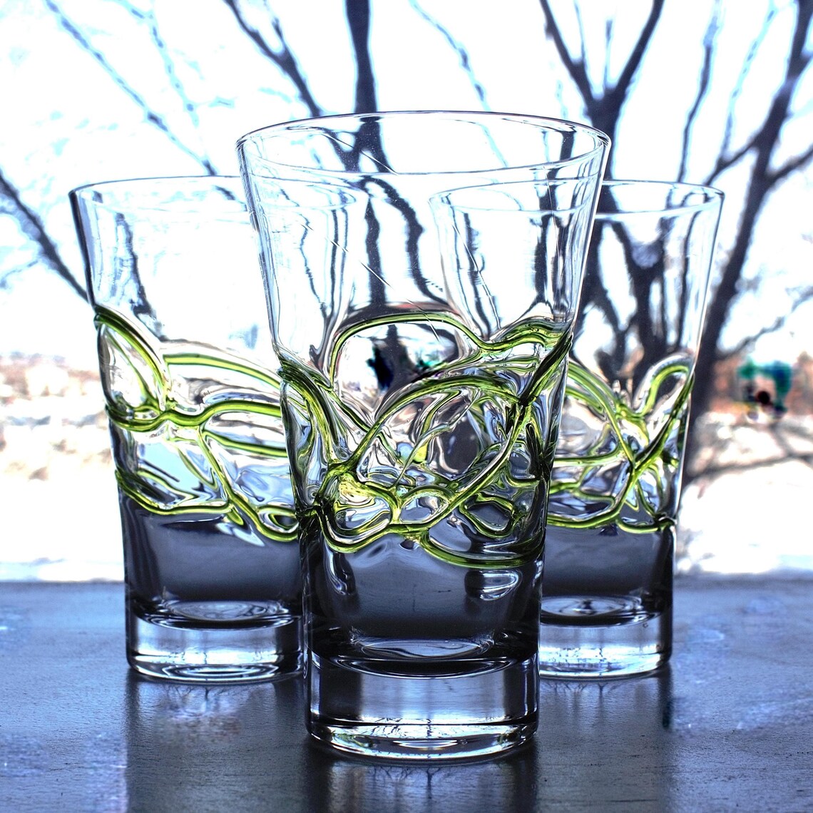 Crystal Clear Cocktail Glasses with Lime Green Swirl Detail — Hand-Blown Glassware, Set of 3