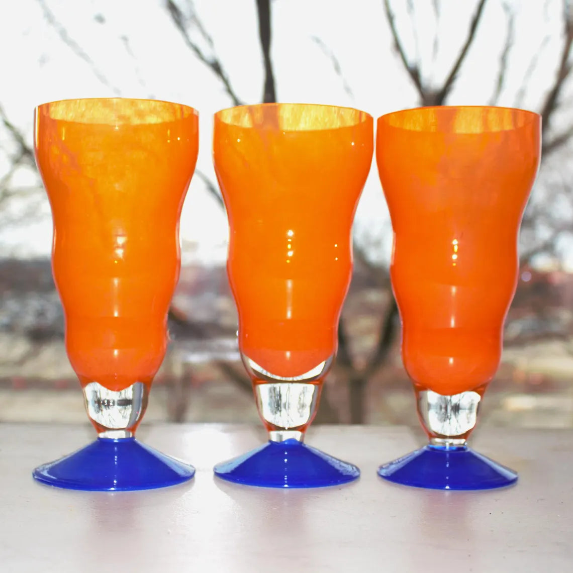 Hand-Blown Orange Cocktail Glasses | Set of 3 Art Glass Stemware