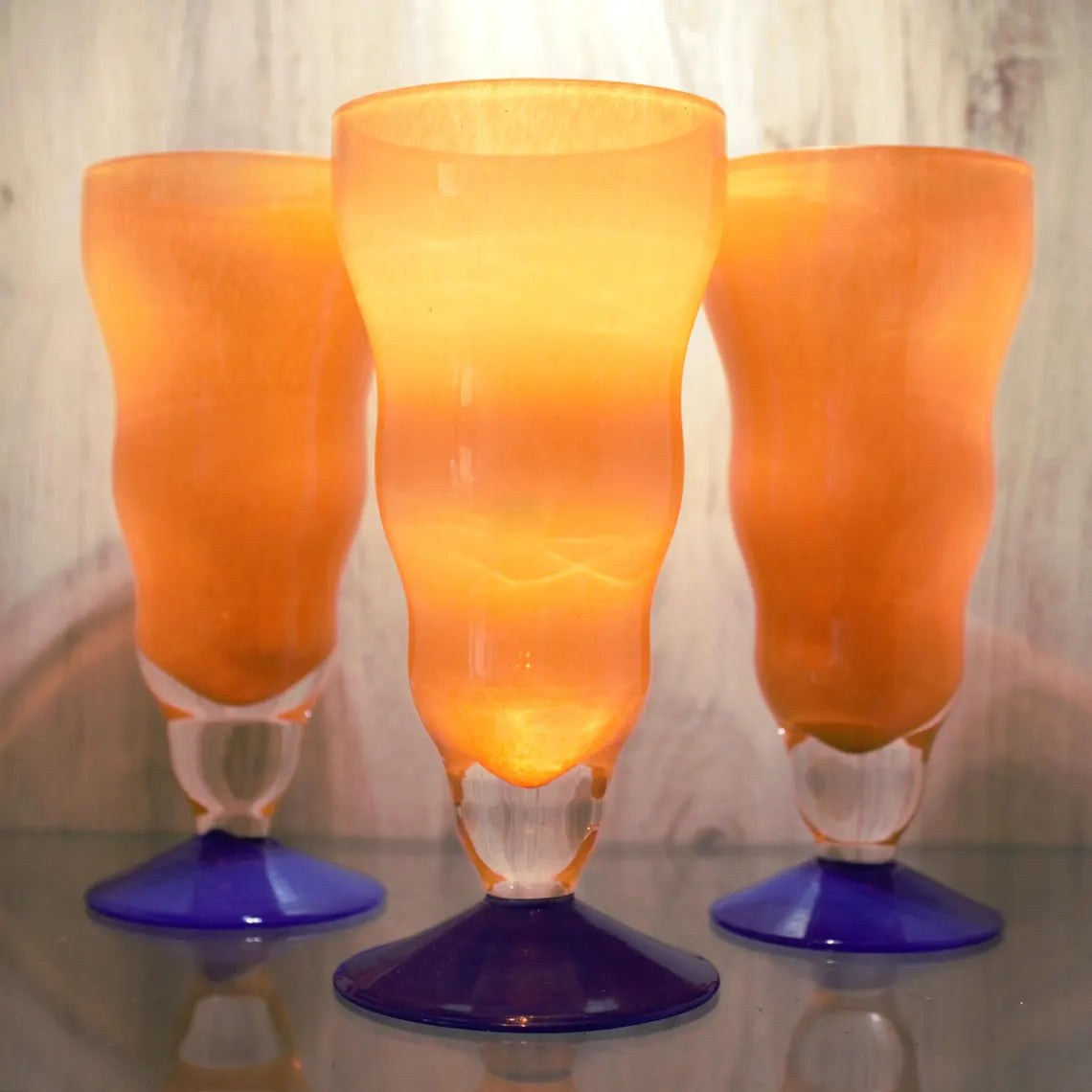 Hand-Blown Orange Cocktail Glasses | Set of 3 Art Glass Stemware
