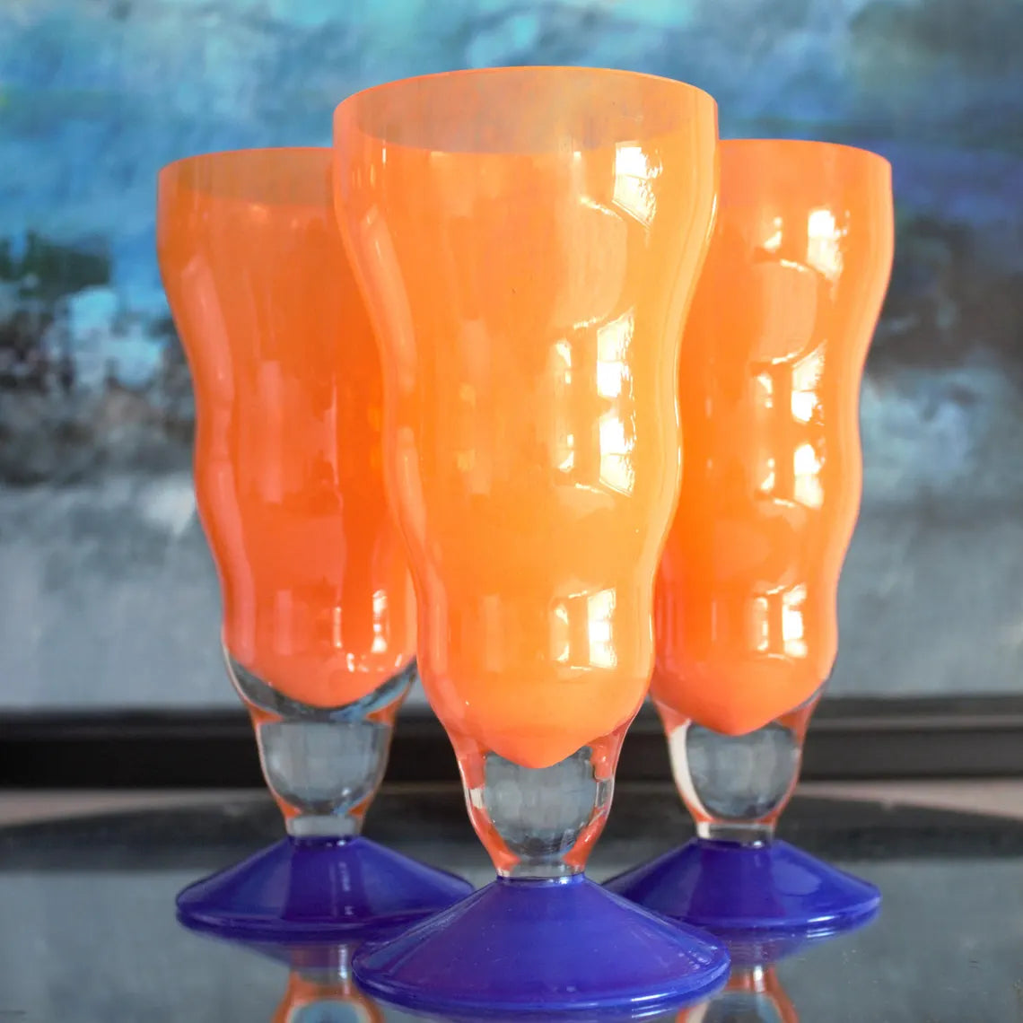 Hand-Blown Orange Cocktail Glasses | Set of 3 Art Glass Stemware