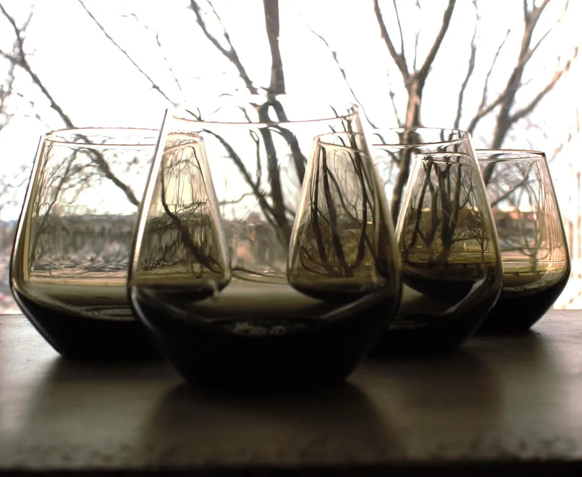 Vintage Smoky Glass Tumblers – Set of 4 Stemless Wine Glasses | Modern Barware