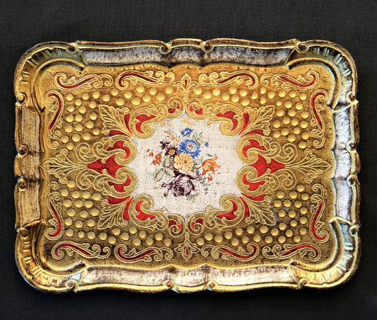 Vintage Gold Leaf Serving Tray: Hand-Painted Italian Shabby Chic Decor