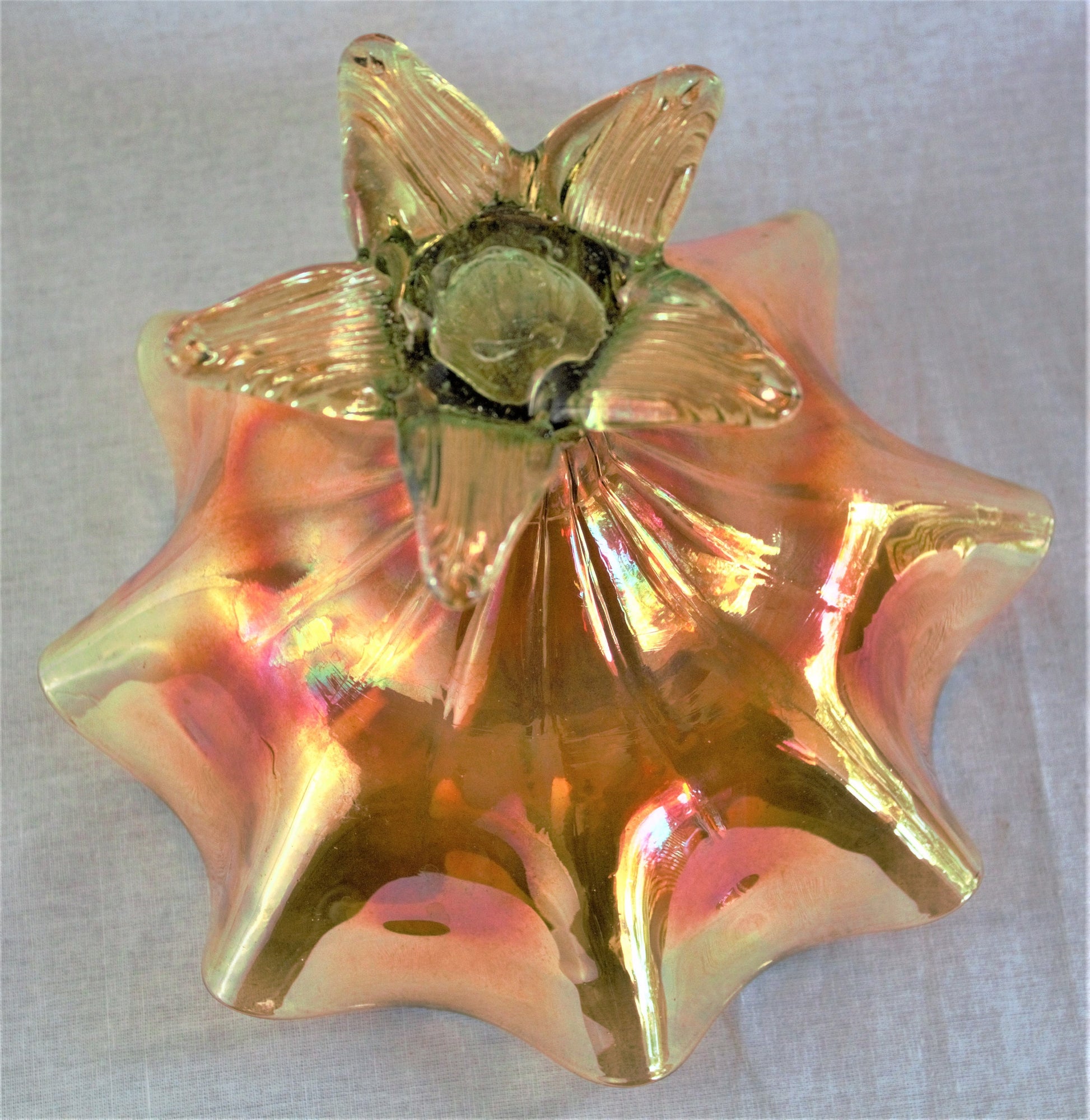 Hand Blown Iridescent Gold Footed Bowl: RARE Centerpiece, scalloped edge