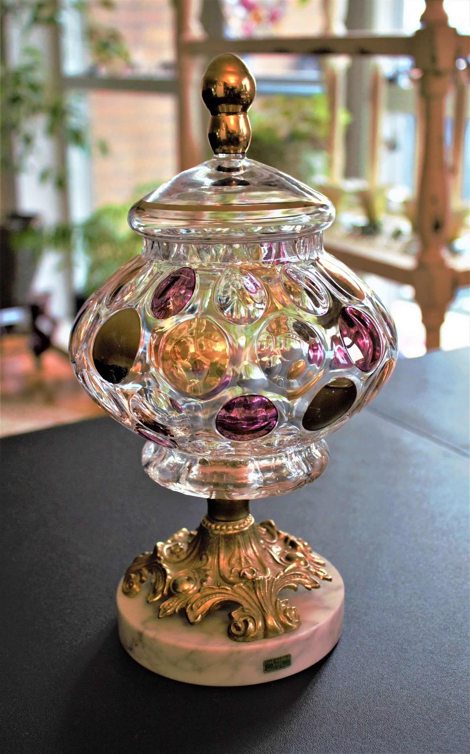 Rare Nemo Borske Sklo Cookie Jar: Gold & Pink Italian Glass, Marble Base