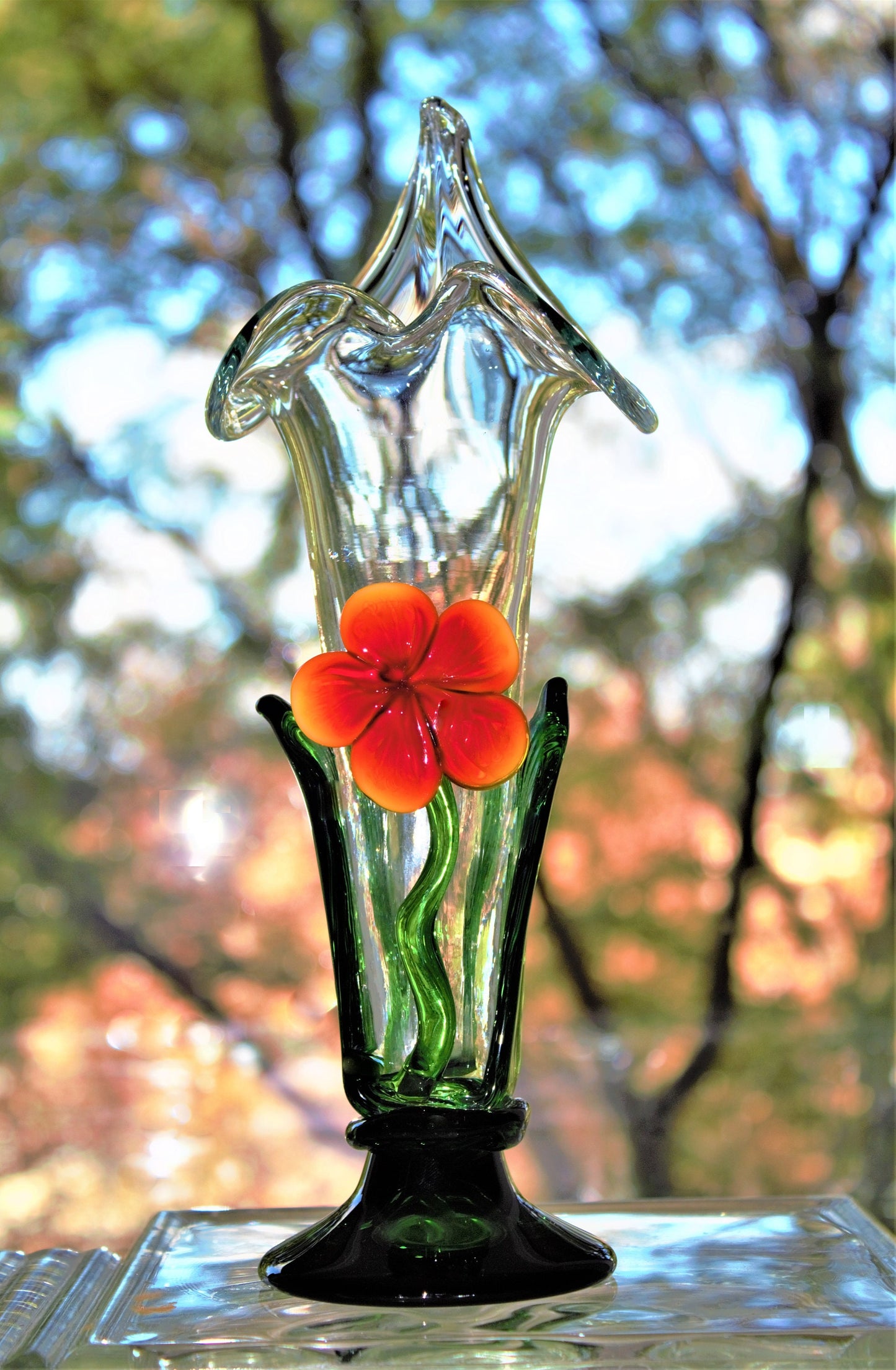 Vintage Handblown Glass Vase: Applied Orange Flower Art Glass