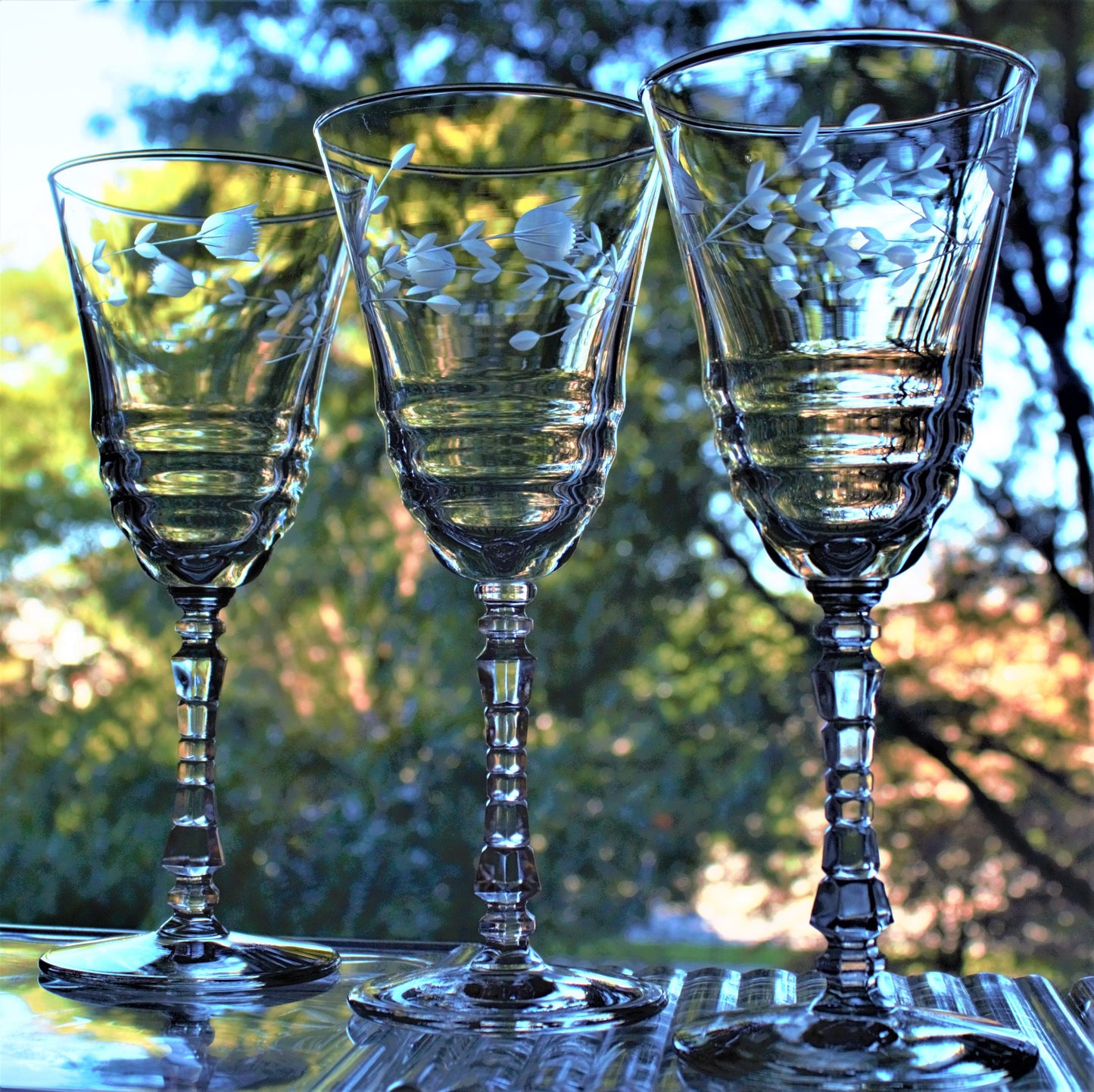 Antique Etched Wine Glass Set: 1930s Stemware, Geometric Stems (Set of 4)