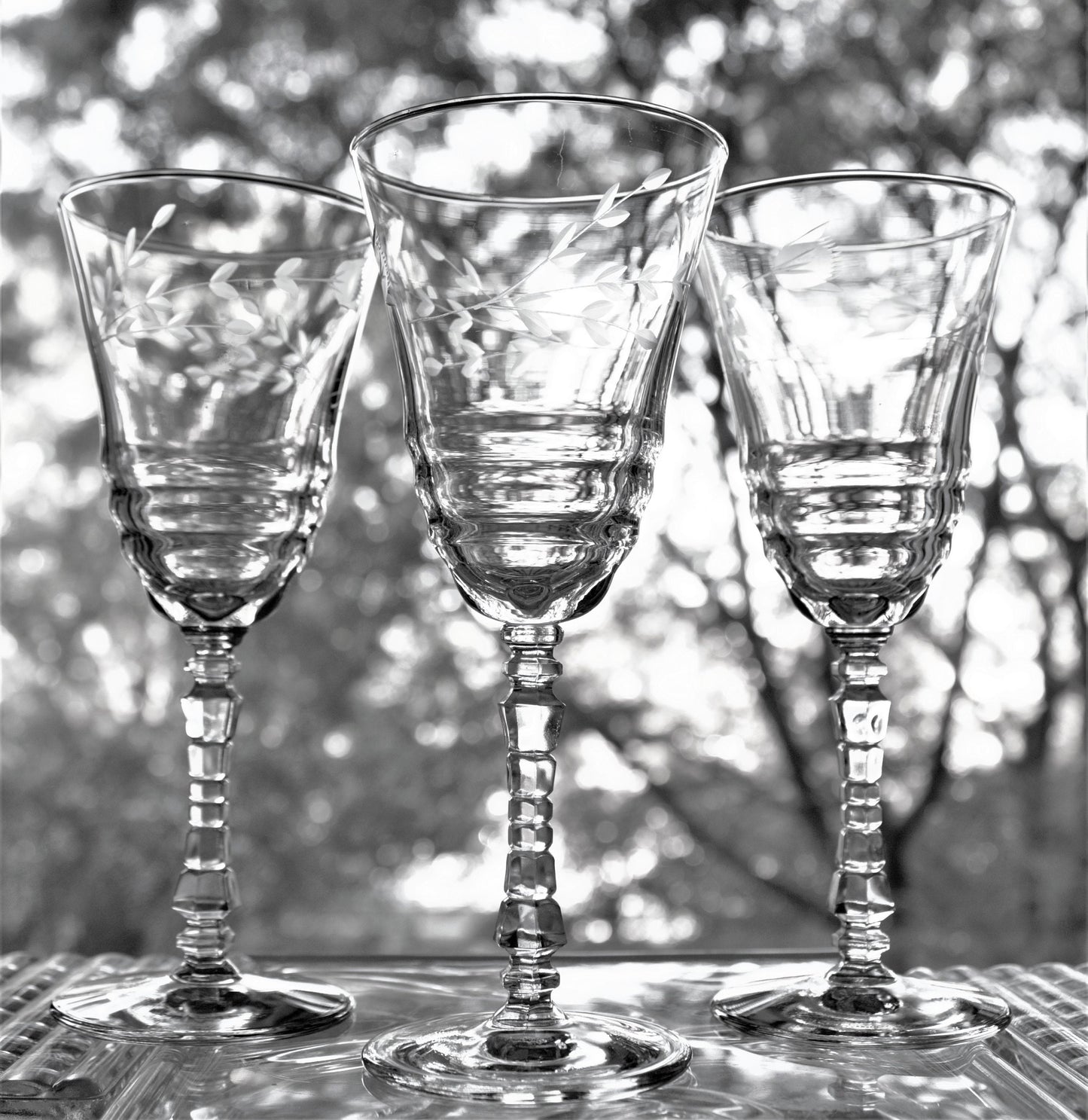 Antique Etched Wine Glass Set: 1930s Stemware, Geometric Stems (Set of 4)