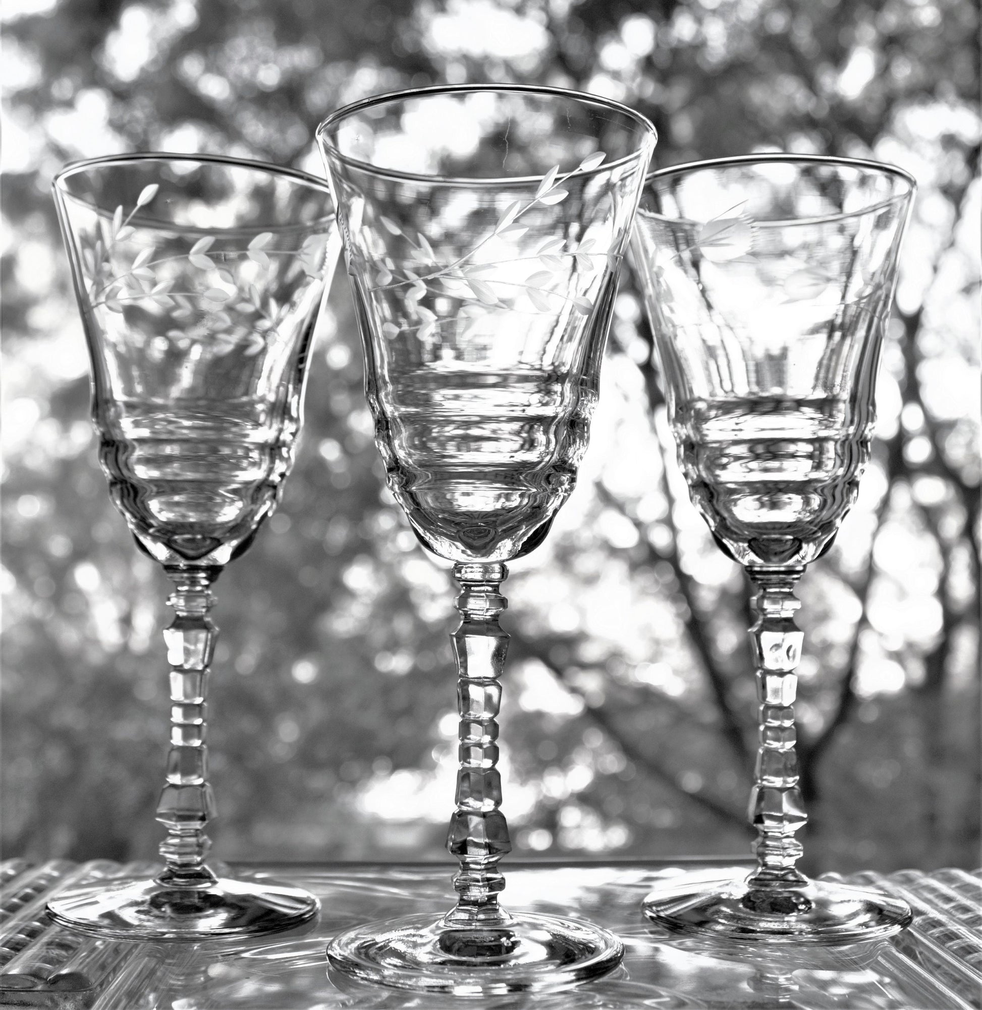 Antique Etched Wine Glass Set: 1930s Stemware, Geometric Stems (Set of 4)