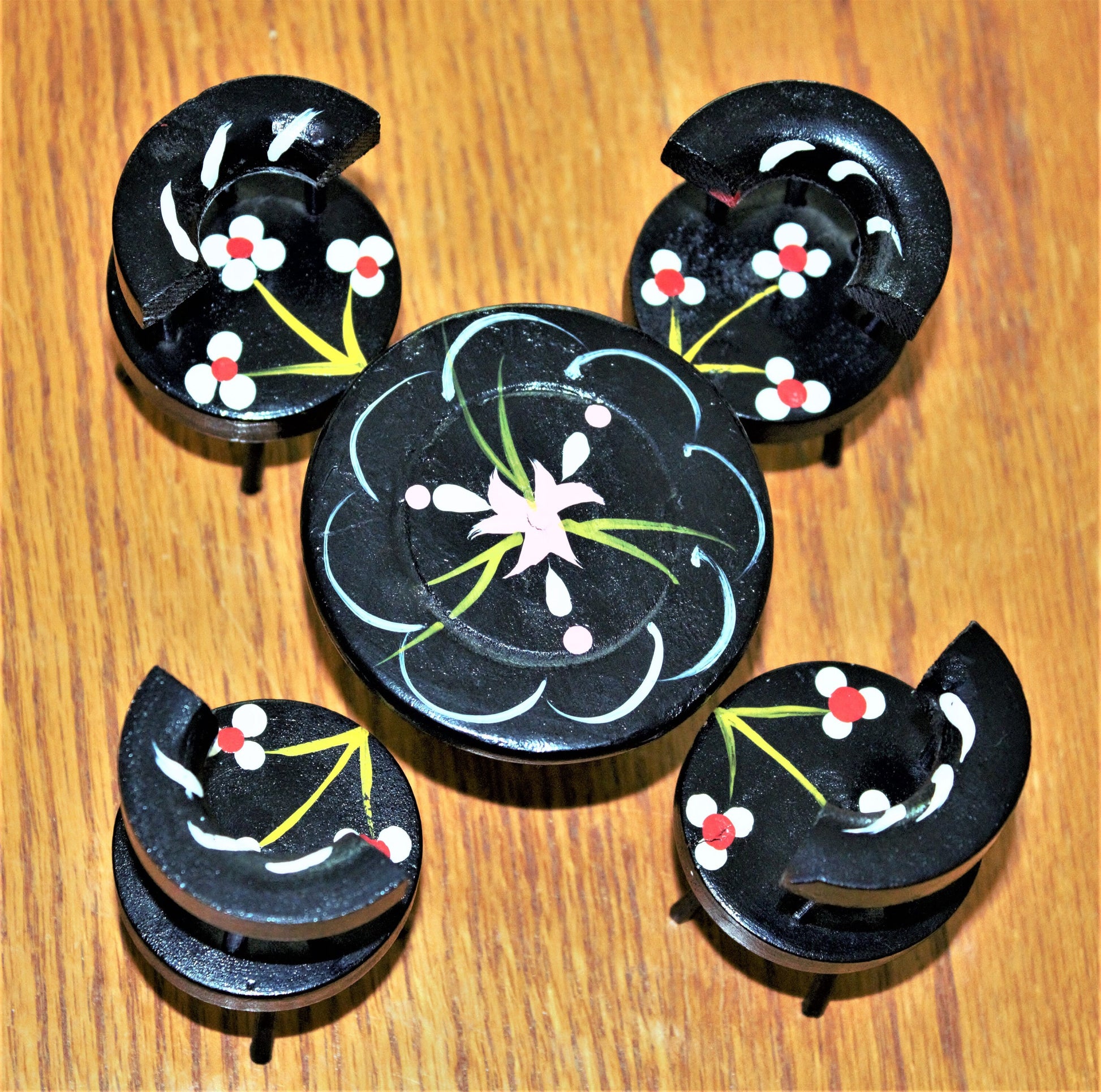 Hand-Painted Dollhouse Dining Set: Miniature Table & Chairs, Floral Boho Style