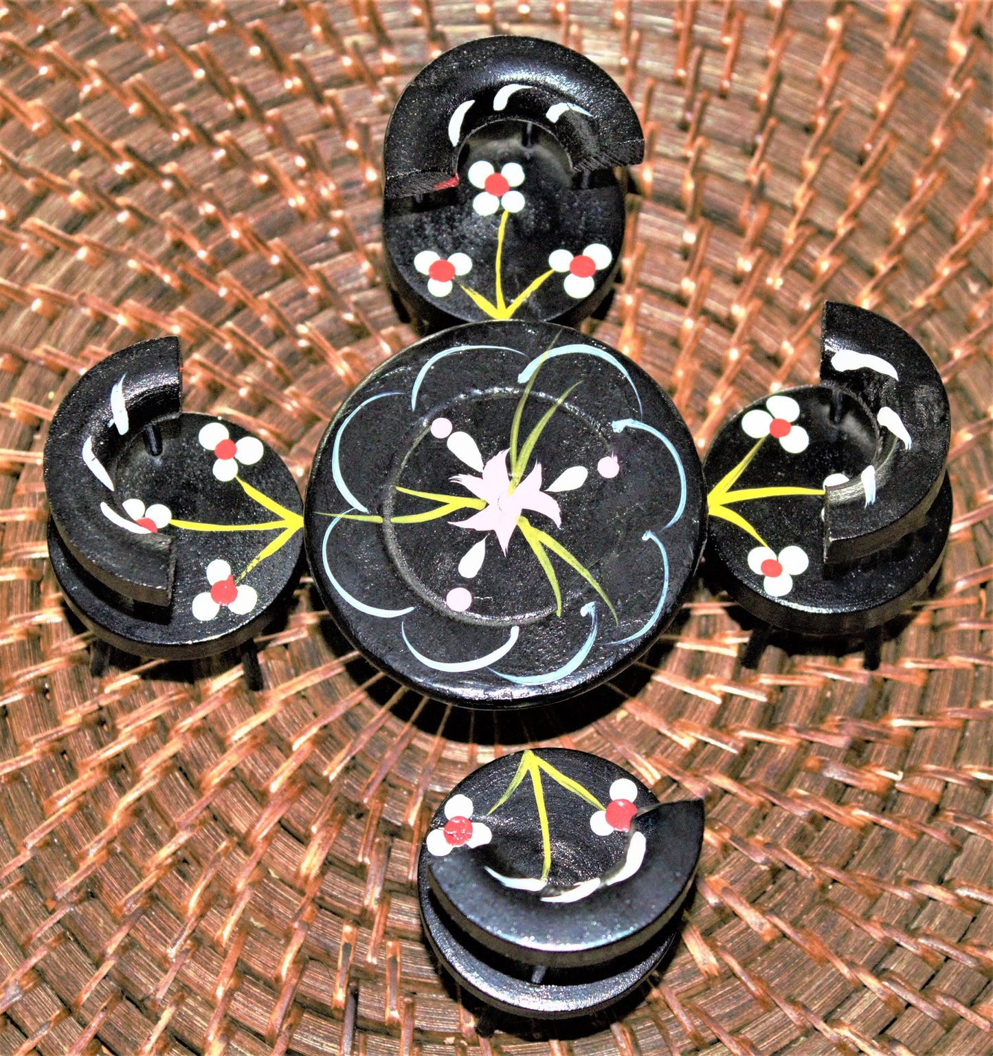 Hand-Painted Dollhouse Dining Set: Miniature Table & Chairs, Floral Boho Style