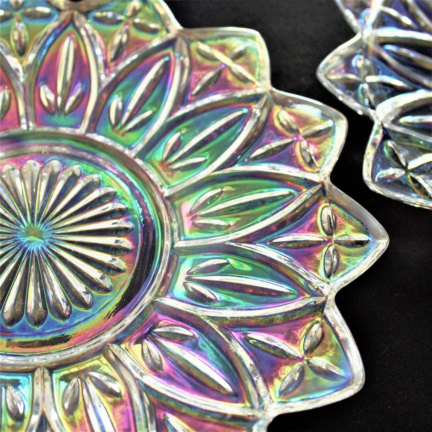 Vintage Federal Iridescent Glass Plates, Set of 2, Floral Dessert Dishes