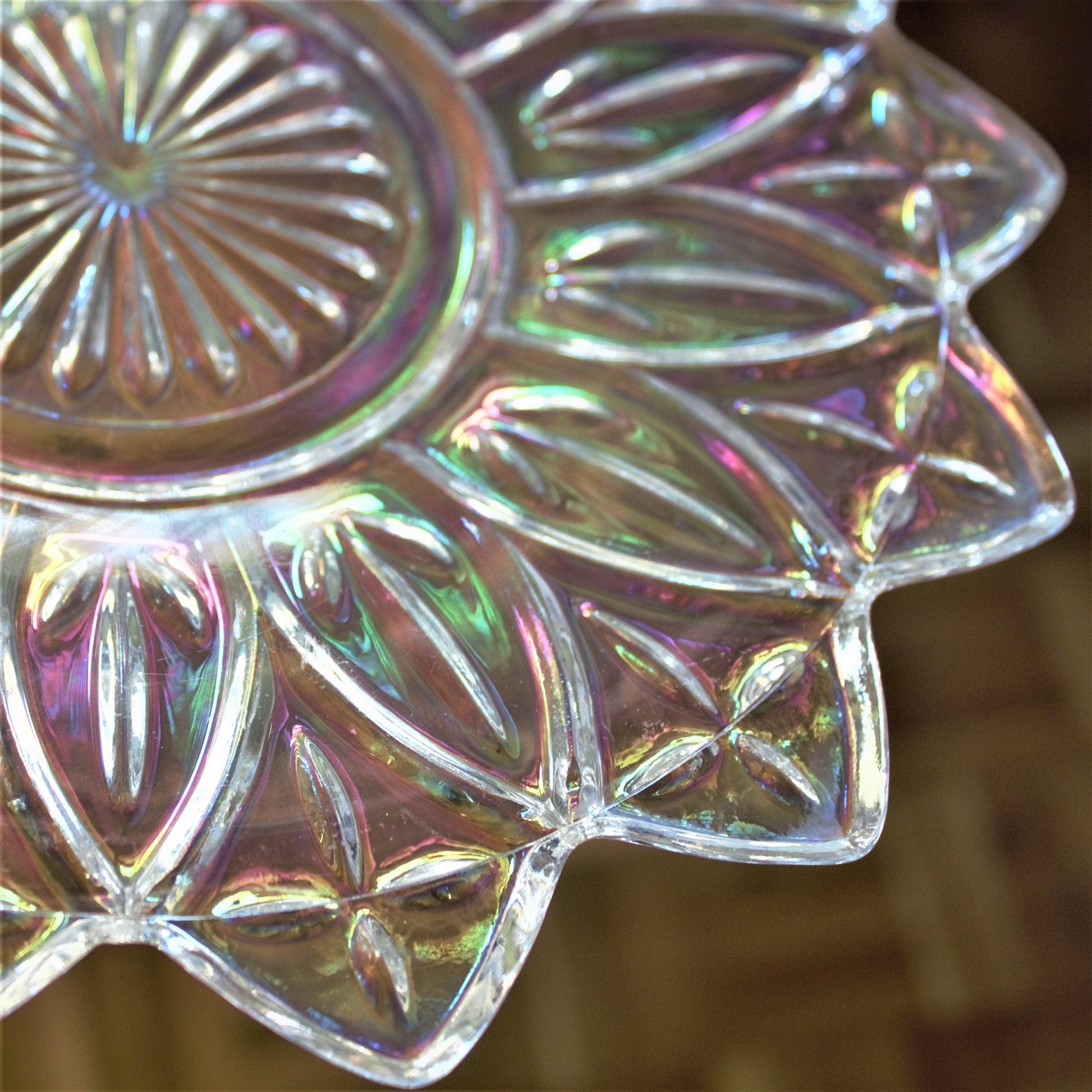 Vintage Federal Iridescent Glass Plates, Set of 2, Floral Dessert Dishes