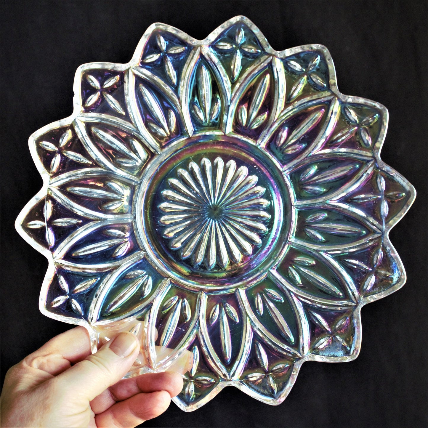 Vintage Federal Iridescent Glass Plates, Set of 2, Floral Dessert Dishes