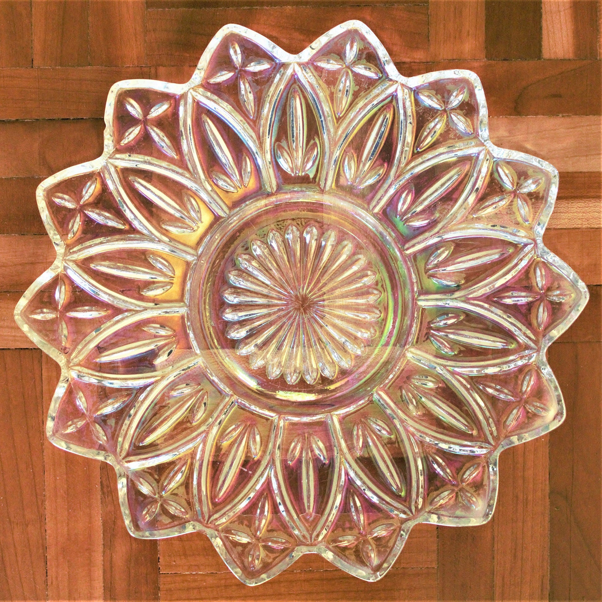 Vintage Federal Iridescent Glass Plates, Set of 2, Floral Dessert Dishes