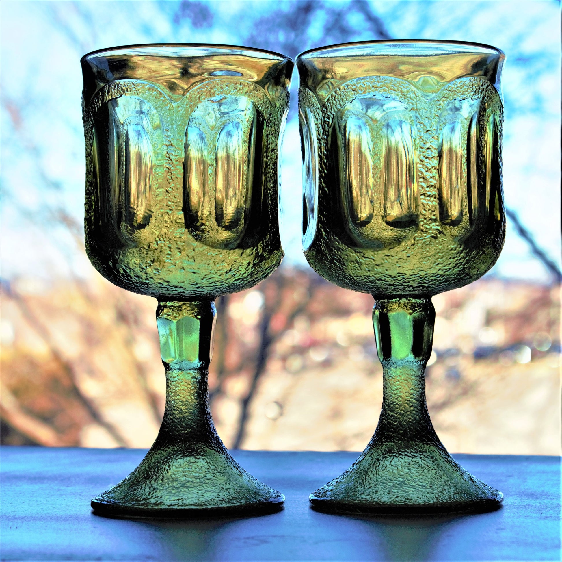 Vintage Fostoria Woodland Green Goblets: Set of 2 Stippled Wine Glasses