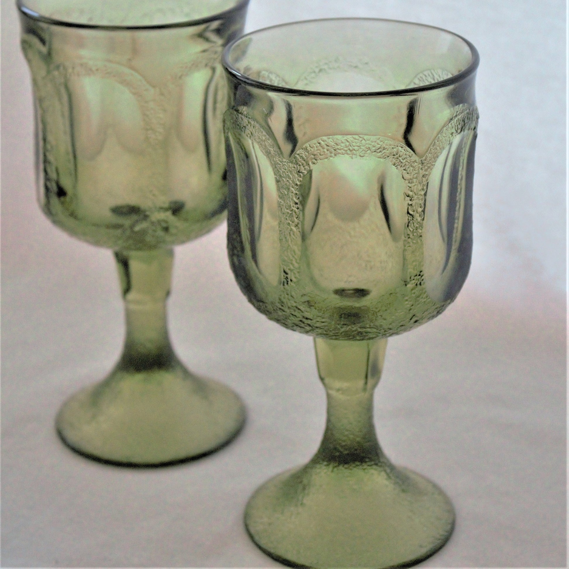Vintage Fostoria Woodland Green Goblets: Set of 2 Stippled Wine Glasses