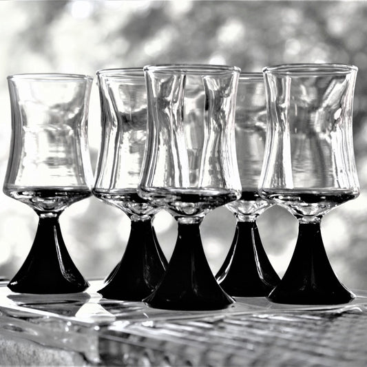 Vintage Black Cordial Glasses - Set of 6 - Cone Stem Barware
