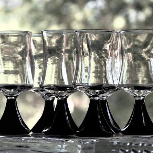 Vintage Black Cordial Glasses - Set of 6 - Cone Stem Barware