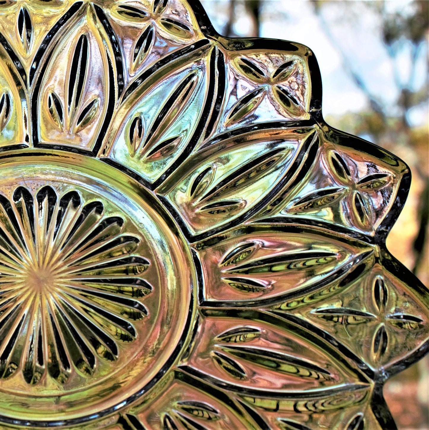 Vintage Federal Iridescent Glass Plates, Set of 2, Floral Dessert Dishes