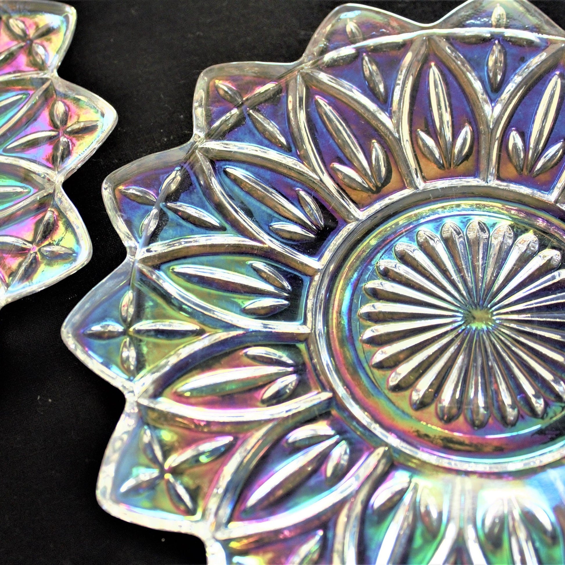 Vintage Federal Iridescent Glass Plates, Set of 2, Floral Dessert Dishes