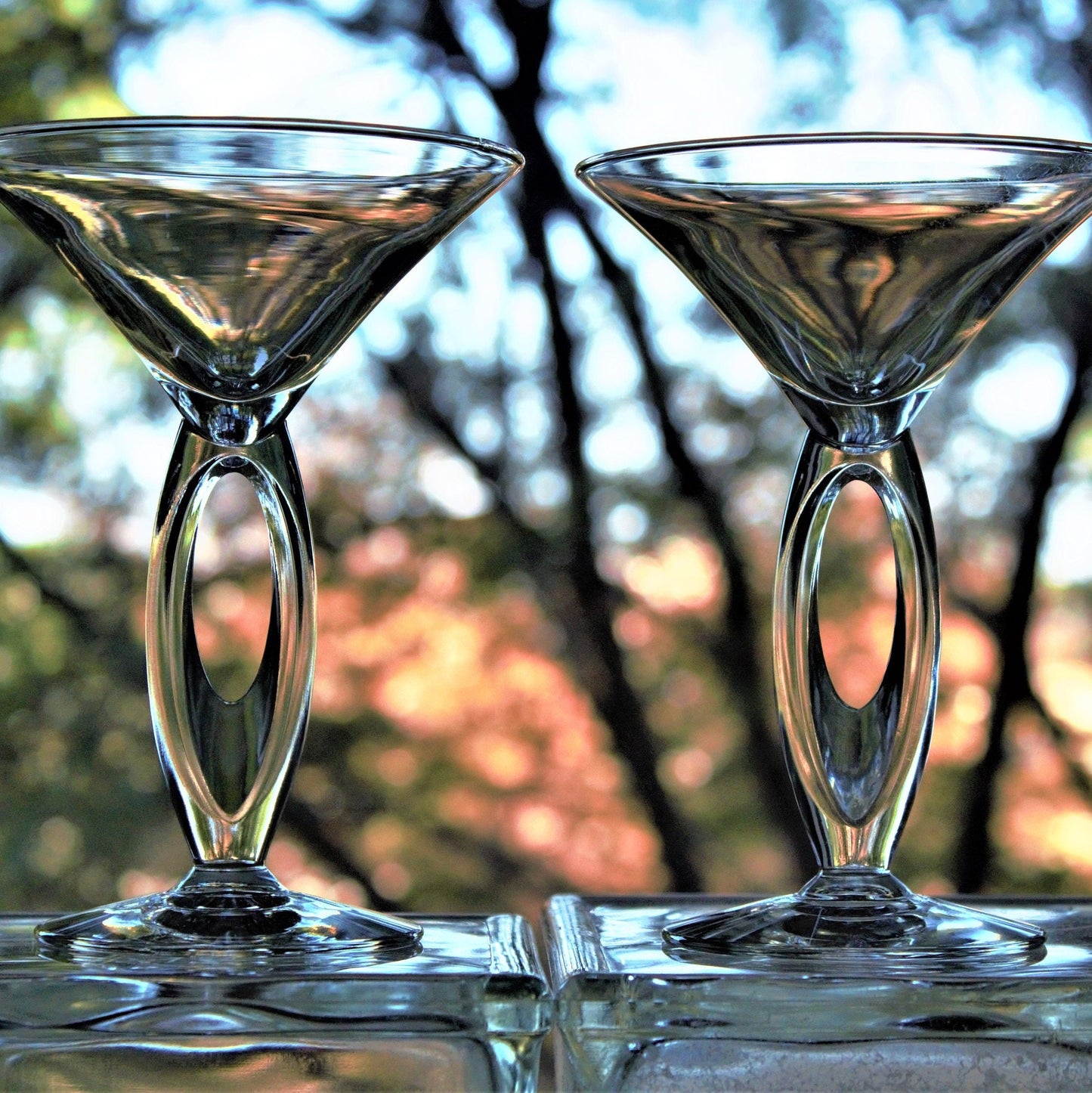 Clear Martini Glasses with Cut Out Stem: Unique Cocktail Set of 3, rare stemware