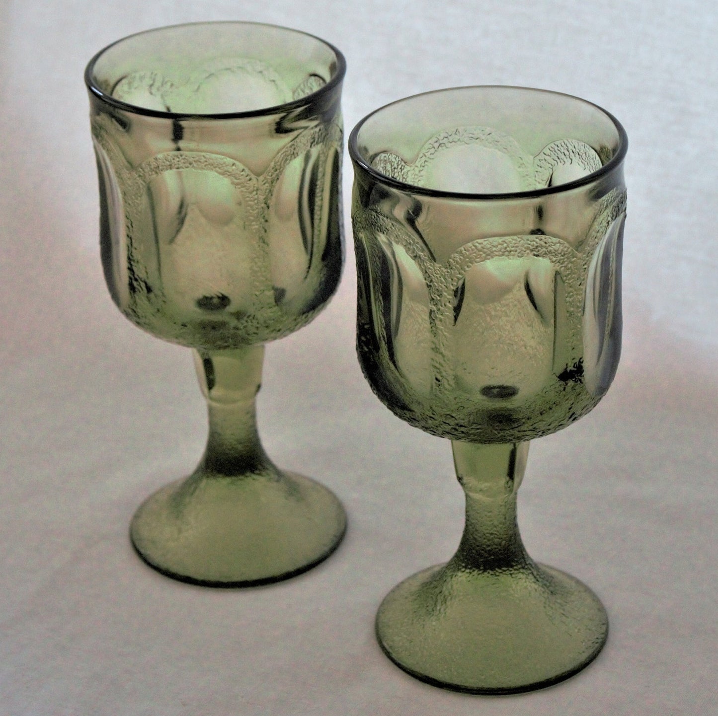 Vintage Fostoria Woodland Green Goblets: Set of 2 Stippled Wine Glasses