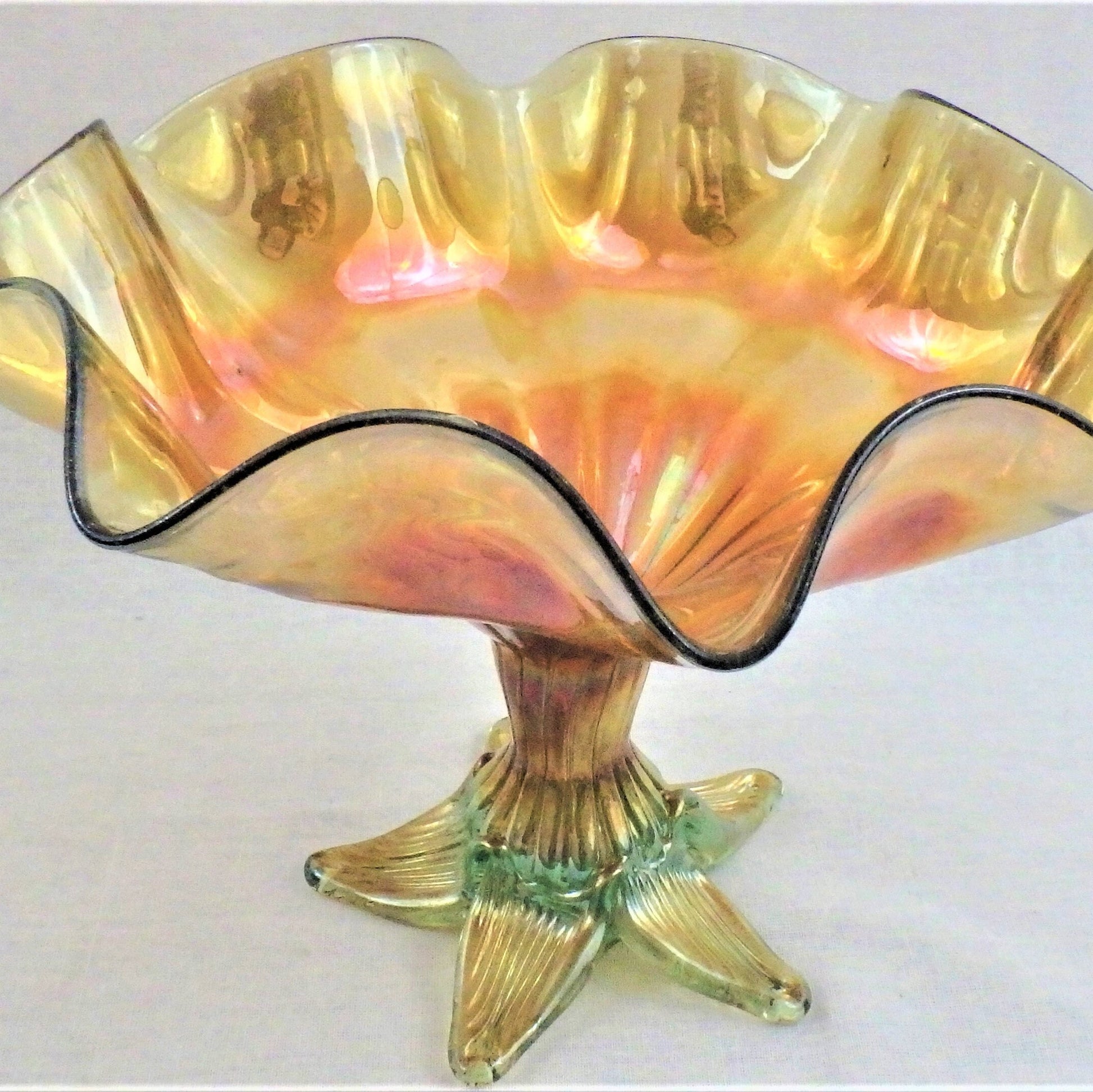 Hand Blown Iridescent Gold Footed Bowl: RARE Centerpiece, scalloped edge