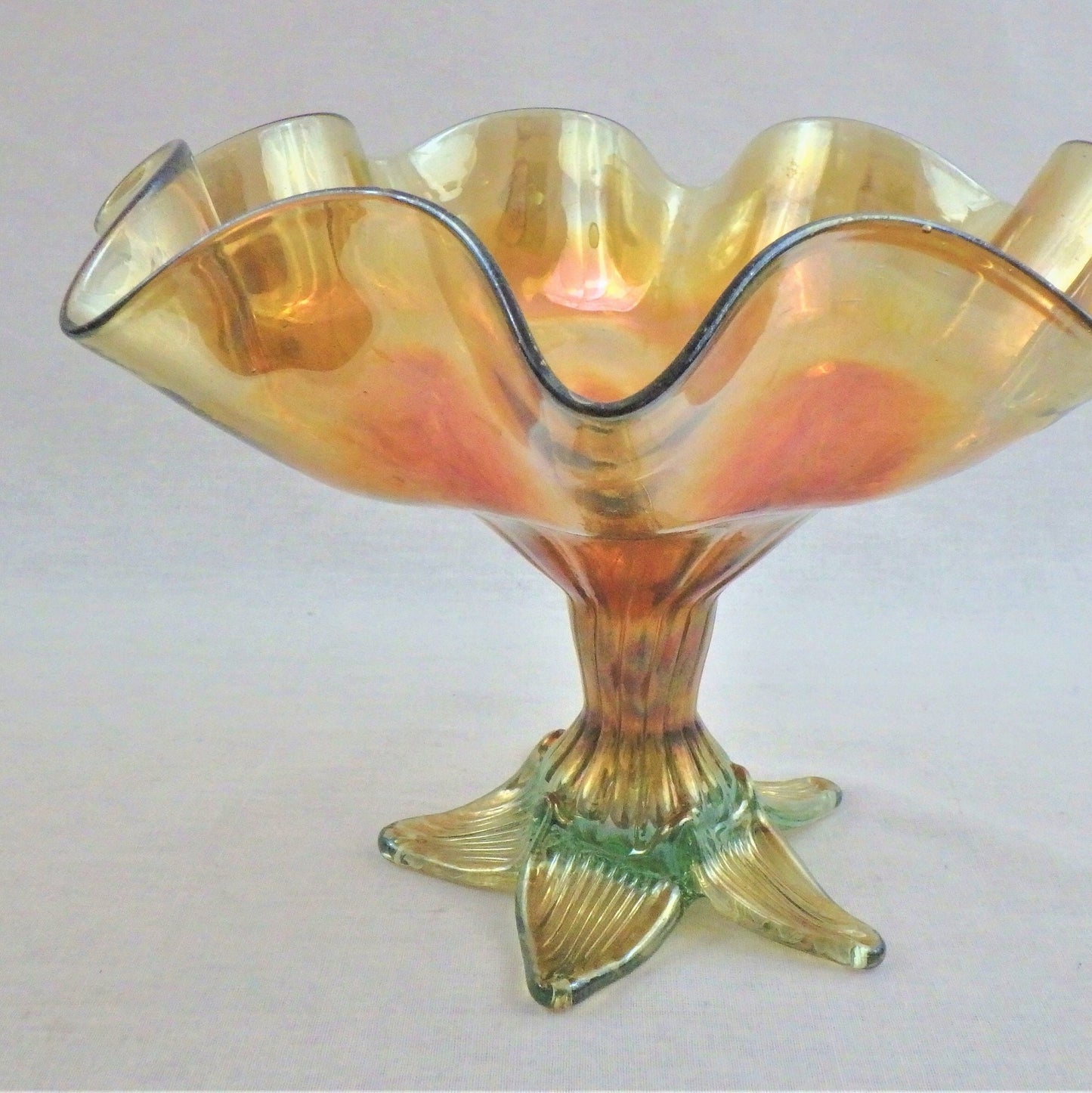 Hand Blown Iridescent Gold Footed Bowl: RARE Centerpiece, scalloped edge