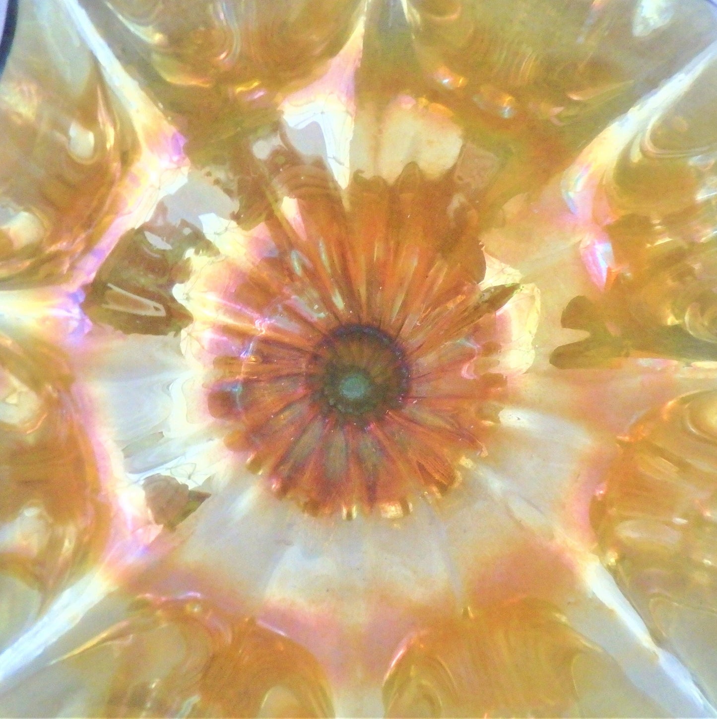 Hand Blown Iridescent Gold Footed Bowl: RARE Centerpiece, scalloped edge