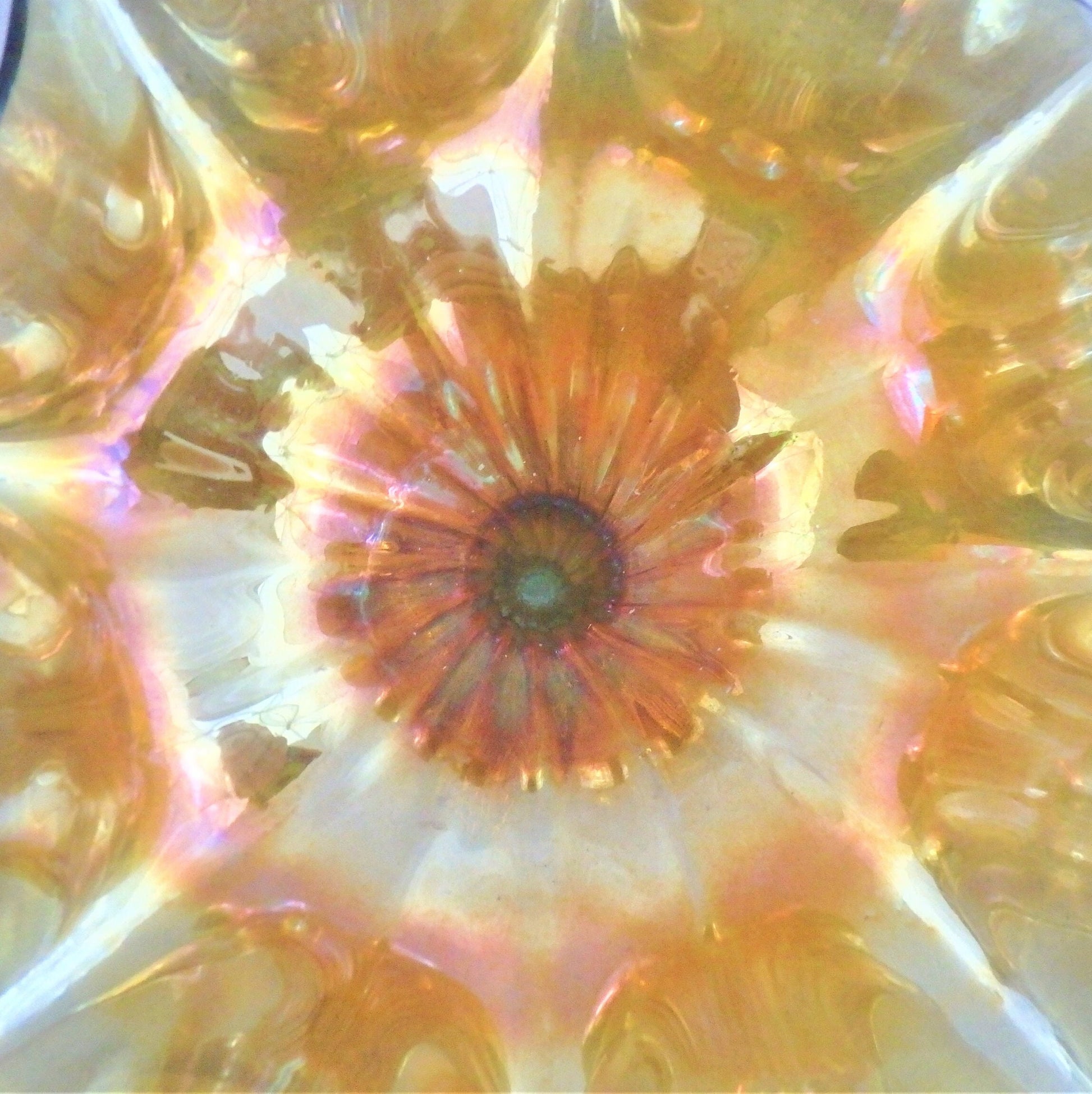 Hand Blown Iridescent Gold Footed Bowl: RARE Centerpiece, scalloped edge