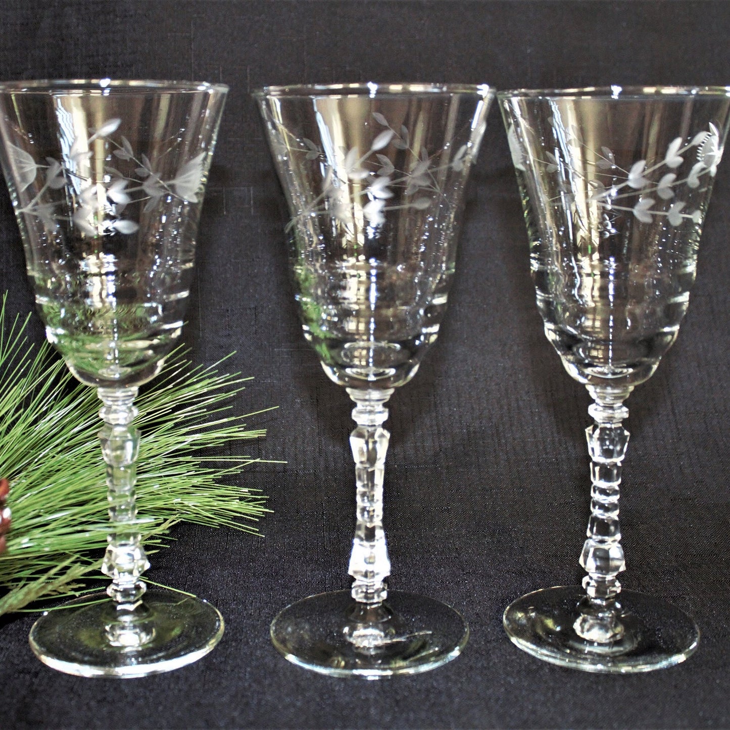 Antique Etched Wine Glass Set: 1930s Stemware, Geometric Stems (Set of 4)