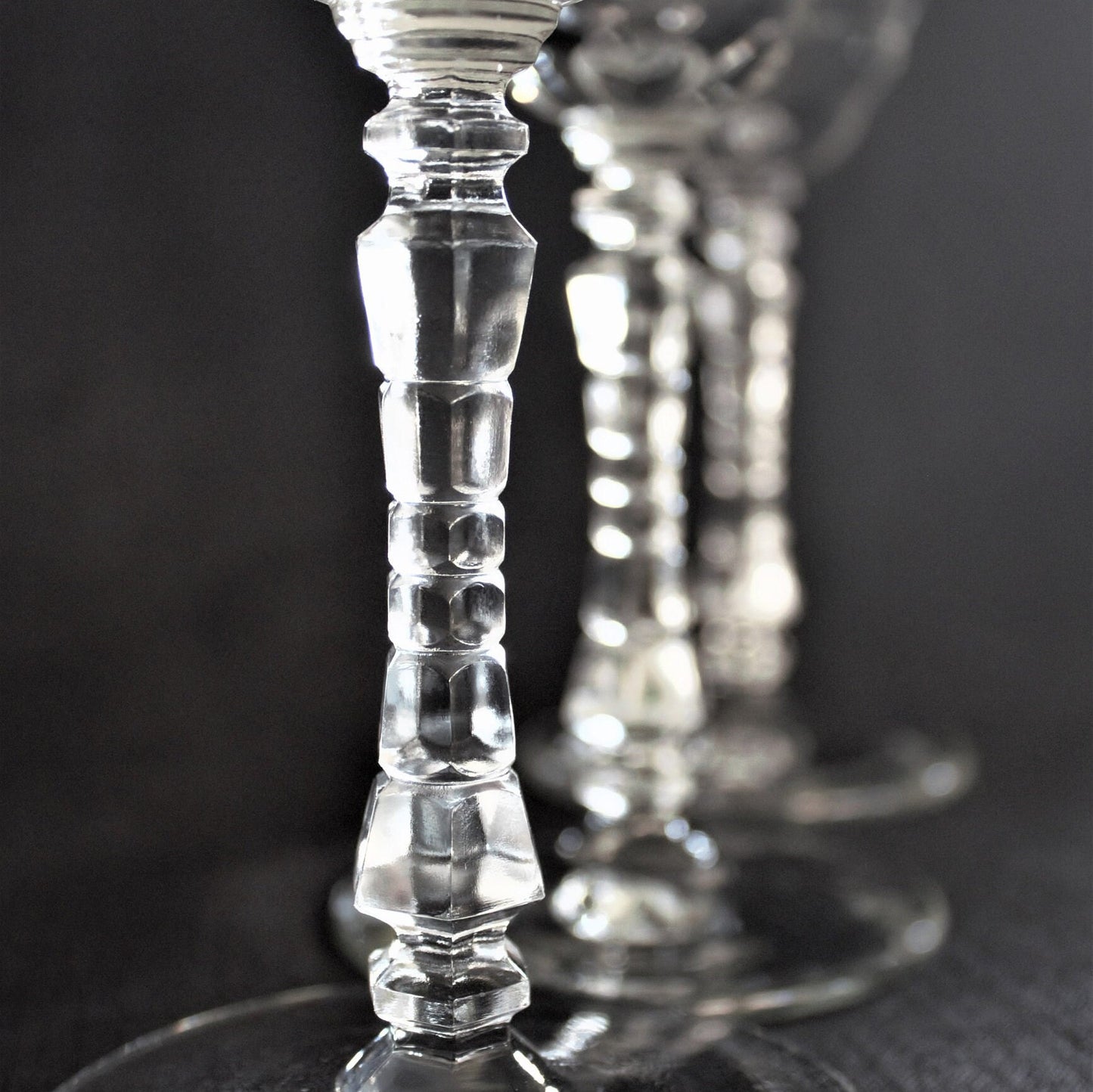 Antique Etched Wine Glass Set: 1930s Stemware, Geometric Stems (Set of 4)