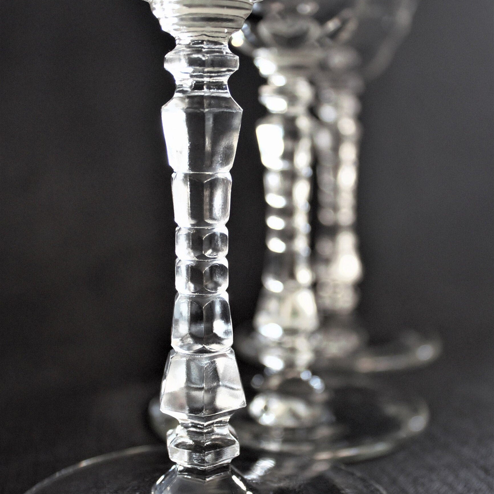 Antique Etched Wine Glass Set: 1930s Stemware, Geometric Stems (Set of 4)