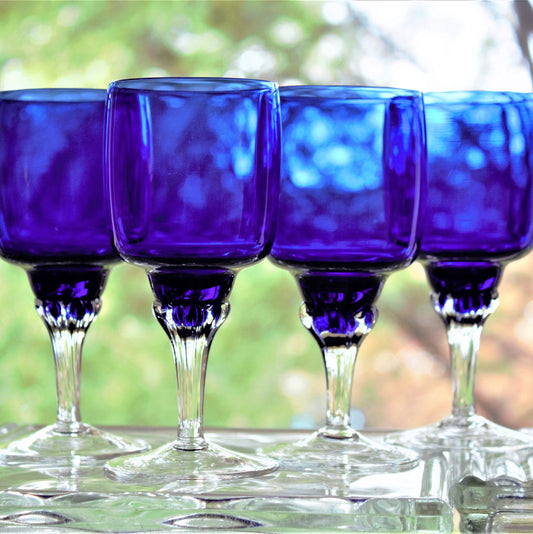 Vintage Cobalt Blue Wine Glasses - Set of 4 Handmade Stemware