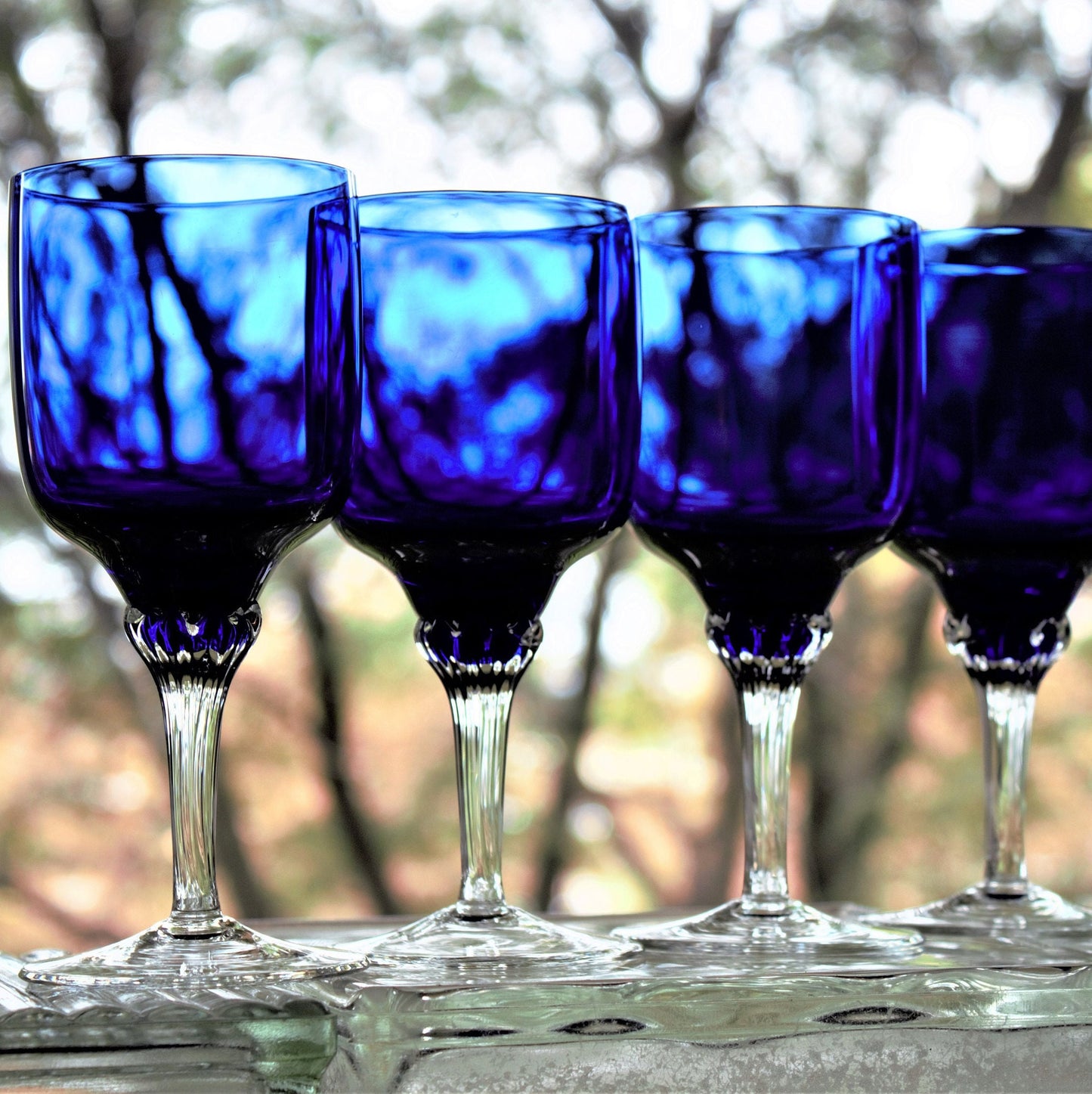 Vintage Cobalt Blue Wine Glasses - Set of 4 Handmade Stemware