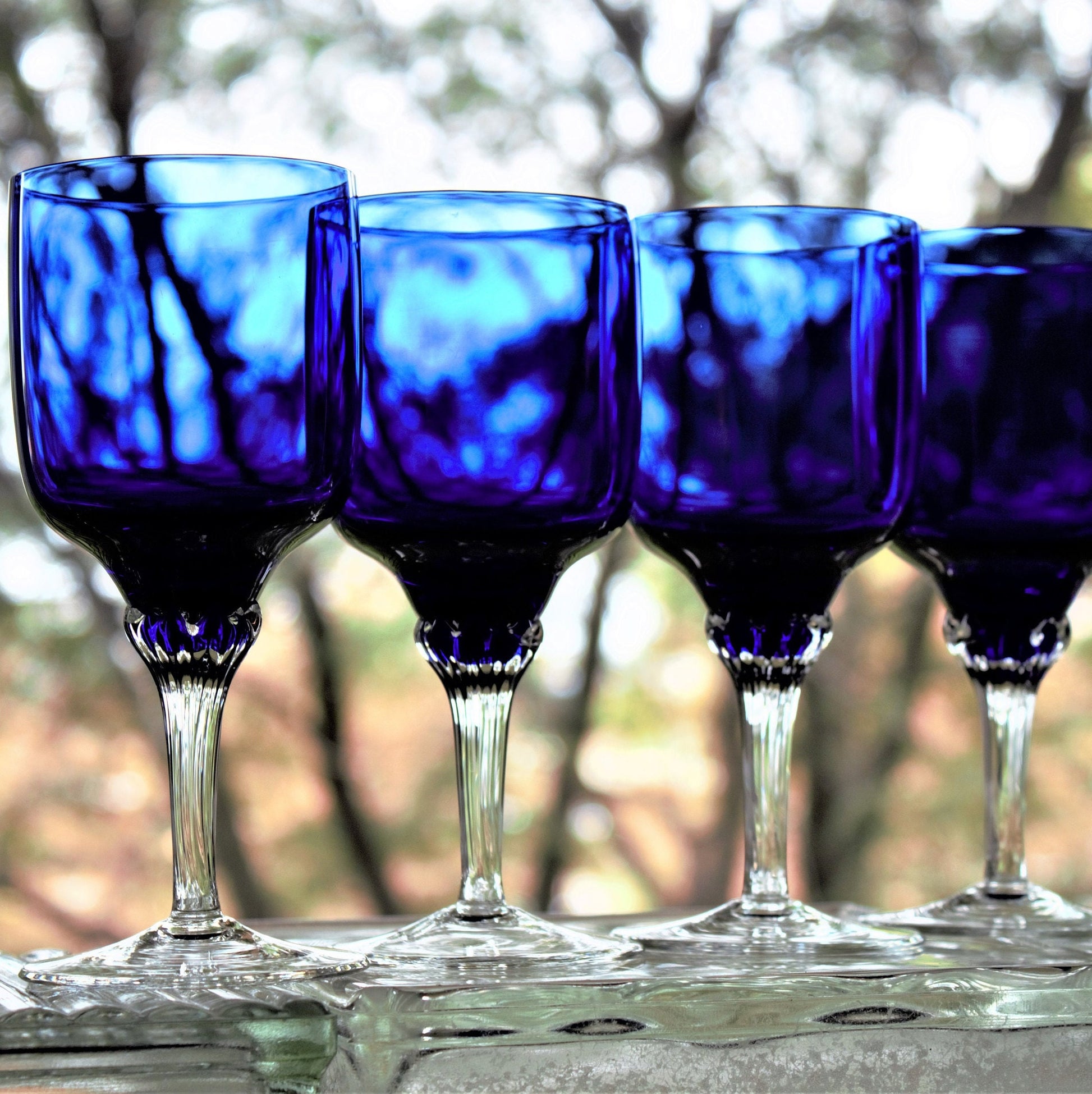 Vintage Cobalt Blue Wine Glasses - Set of 4 Handmade Stemware